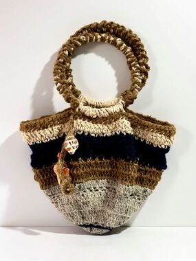 Handwoven Striped Crochet Round-Handle Tote in Brown, Cream & Black